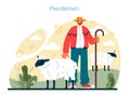 Shepherd with a domestic animals. Herdsman taking care of sheeps,