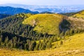 Shepherd and flock of sheep. Awesome mountain landscape, nature and its beauty, located on the Red Mountain, Romania Royalty Free Stock Photo