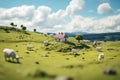 A shepherd grazing cows and sheep in a meadow, with a little dog running nearby. A beautiful felt world. Miniature Royalty Free Stock Photo