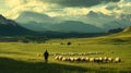Shepherd guiding a flock of sheep through lush green fields Royalty Free Stock Photo