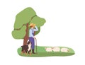 Shepherd and his herding dog grazing sheep flock on grass. Herdsman watching for domestic ewes. Farm animals on pasture