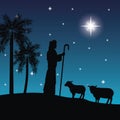 The shepherd and his sheeps icon. Vector graphic