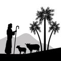 The shepherd and his sheeps icon. Vector graphic