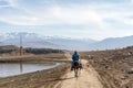 A shepherd on the horse following herd of sheep Royalty Free Stock Photo