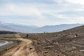 A shepherd on the horse following herd of sheep Royalty Free Stock Photo