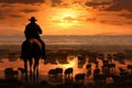 Shepherd on a horse while grazing.