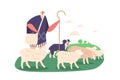 Shepherd Male Character And Dog Herding Sheep Using Vocal Commands And Physical Cues. The Dog Navigates