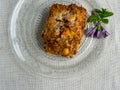 Shepherd's pie, traditional British dish with minced meat and mashed potatoes in glass dish Royalty Free Stock Photo