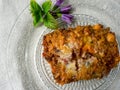 Shepherd's pie, traditional British dish with minced meat and mashed potatoes in glass dish Royalty Free Stock Photo