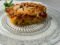 Shepherd's pie, traditional British dish with minced meat and mashed potatoes in glass dish Royalty Free Stock Photo