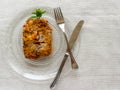 Shepherd's pie, traditional British dish with minced meat and mashed potatoes in glass dish Royalty Free Stock Photo