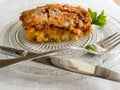 Shepherd's pie, traditional British dish with minced meat and mashed potatoes in glass dish Royalty Free Stock Photo