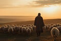 Shepherd with sheep flock. Generate ai Royalty Free Stock Photo