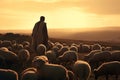 Shepherd with sheep flock panoramic sundown view. Generate ai