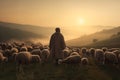 Shepherd with sheep flock sunset landscape. Generate ai Royalty Free Stock Photo