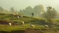 Shepherd with sheep. Summer rural scene.