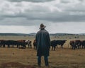A shepherd standing in front of a herd of cattle. AI generative image.