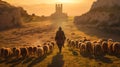 shepherd tending a flock of sheep on the green meadow of his farm Royalty Free Stock Photo