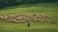 shepherd tending a flock of sheep on the green meadow of his farm Royalty Free Stock Photo