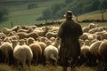 shepherd tending a flock of sheep on the green meadow of his farm Royalty Free Stock Photo