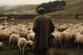 shepherd tending a flock of sheep on the green meadow of his farm Royalty Free Stock Photo