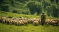 shepherd tending a flock of sheep on the green meadow of his farm Royalty Free Stock Photo