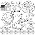 Shepherdess girl and animals at the farm. Vector black and white coloring page