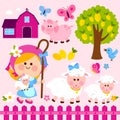 Shepherdess girl and animals at the farm. Vector illustration collection