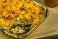 Shepherds or cottage pie in serving dish, one portion taken, macro