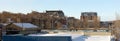 Sherbrooke city in Quebec, Canada. Small city landscape panoramic view downtown winter cityscape with church Royalty Free Stock Photo