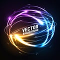 Shere of meteor-like shining neon lights in impact. Futuristic technology style. Vector illustration for presentations