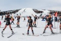 Sheregesh, Kemerovo region, Russia - April 03, 2021: Grelka Fest in Sheregesh. People in carnival costumes on the snow