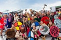 Sheregesh, Kemerovo region, Russia - April 03, 2021: Grelka Fest in Sheregesh. Young people in carnival costumes on the Royalty Free Stock Photo