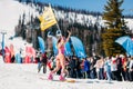 Sheregesh, Kemerovo region, Russia - April 13, 2019: Grelka Fest ski and snowboard riders in bikini