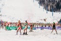 Sheregesh, Kemerovo region, Russia - April 13, 2019: Grelka Fest ski and snowboard riders in bikini