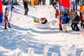 Sheregesh, Kemerovo region, Russia - April 13, 2019: Grelka Fest ski and snowboard riders in bikini