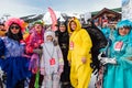 Sheregesh, Kemerovo region, Russia - April 03, 2021: Grelka Fest in Sheregesh. Young people in carnival costumes on the Royalty Free Stock Photo