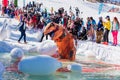 Sheregesh, Kemerovo region, Russia - April 13, 2019: Pool and ride contest where people on a swimming ring playing huge bowling on