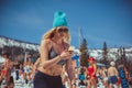 Sheregesh, Kemerovo region, Russia - April 16, 2016: in a swimsuit on the slopes