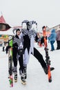 Sheregesh, Kemerovo region, Russia - April 06, 2019: Young people in carnival costumes of angry clowns on the mountain slope