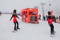 Sheregesh, Kemerovo region, Russia - April 06, 2019: Young people in English royal guardsmen costumes