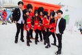 Sheregesh, Kemerovo region, Russia - April 06, 2019: Young people in English royal guardsmen costumes