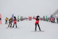 Sheregesh, Kemerovo region, Russia - April 06, 2019: Young people in English royal guardsmen costumes