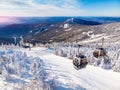 Sheregesh ski lift resort in winter, landscape on mountain and hotels, aerial top view Kemerovo region Russia Royalty Free Stock Photo