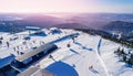 Sheregesh ski lift resort winter, landscape mountain and hotels, aerial top view Russia Kemerovo region Royalty Free Stock Photo