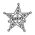 Sheriff badge doodle in the star shape with hand drawn outline. Cute emblem of western police, sign of law, security