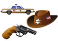 Sheriff badge, gun, car and hat, , vector