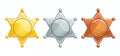 Sheriff badge icon. Golden, silver, bronze hexagonal star. Royalty Free Stock Photo