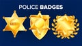 Sheriff Badge Vector. Golden Star. Officer Icon. Detective Insignia. Sevurity Emblem. Western Style. Retro Object. 3D