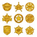 Sheriff badges. Police department emblem, golden badge with star of official representative of law. Symbols vector set Royalty Free Stock Photo